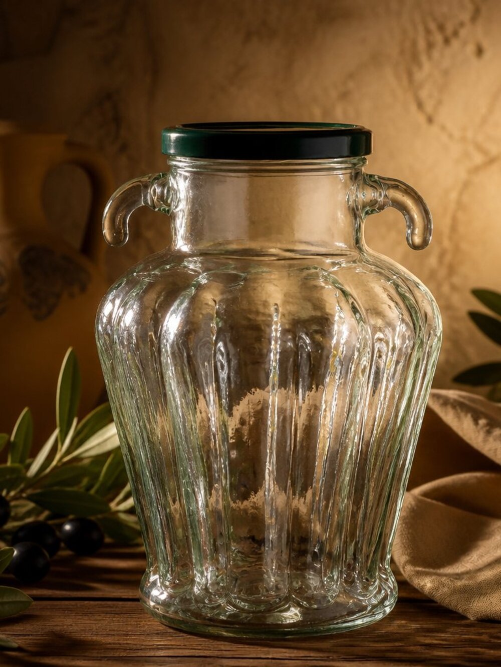 Vintage clear glass olive jar with two handles and a dark lid.